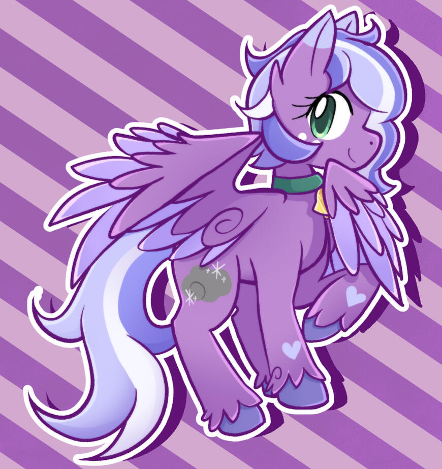 a happy purple pegasus pony with a raised hoof, resting her chin on her wing